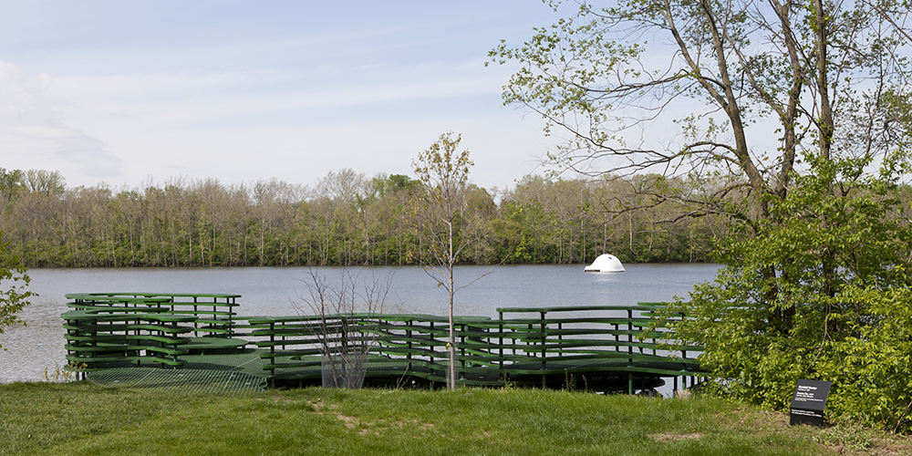 Kendall Buster, Stratum Pier, 2010 (foreground) and Andrea Zittel, Indy Island, 2010 (background). Works commissioned by the Indianapolis Museum of Art. Image courtesy the artists and Andrea Rosen Gallery, New York.