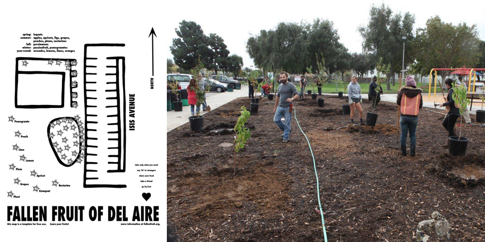LEFT: Fallen Fruit (David Burns, Matias Viegener and Austin Young), Fallen Fruit of Del Aire: Public Fruit Map, 2012. Image courtesy of the artists. RIGHT: Fallen Fruit (David Burns, Matias Viegener and Austin Young), Del Aire Public Fruit Park 2012. Image courtesy of the artists.